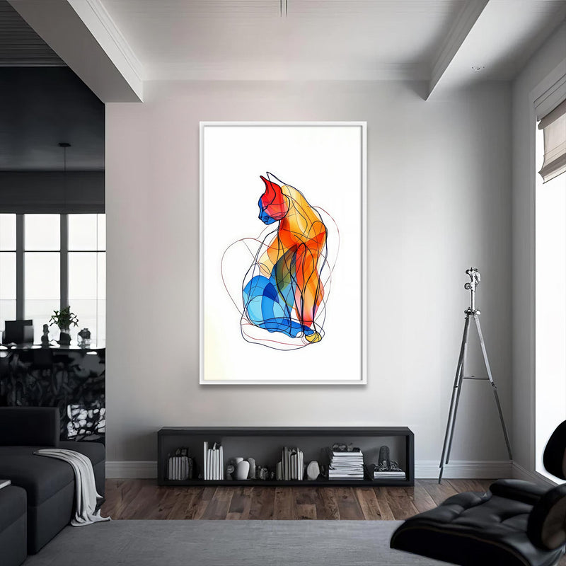 Çizgisel Renkli Kedi Cam Tablo – Beyaz Çerçeveli Cam Tablo