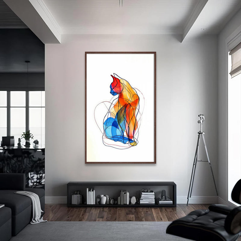 Çizgisel Renkli Kedi Cam Tablo – Ceviz Çerçeveli Cam Tablo