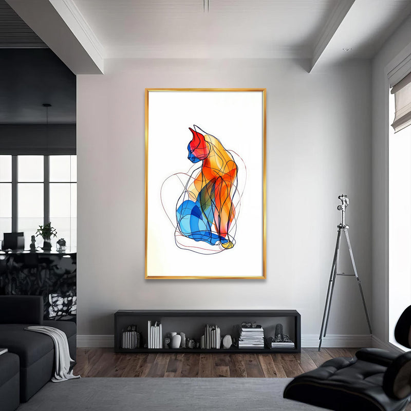 Çizgisel Renkli Kedi Cam Tablo – Altın Çerçeveli Cam Tablo