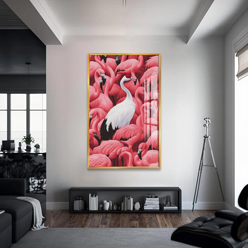 Flamingolar Arasında Cam Tablo – Altın Çerçeveli Cam Tablo
