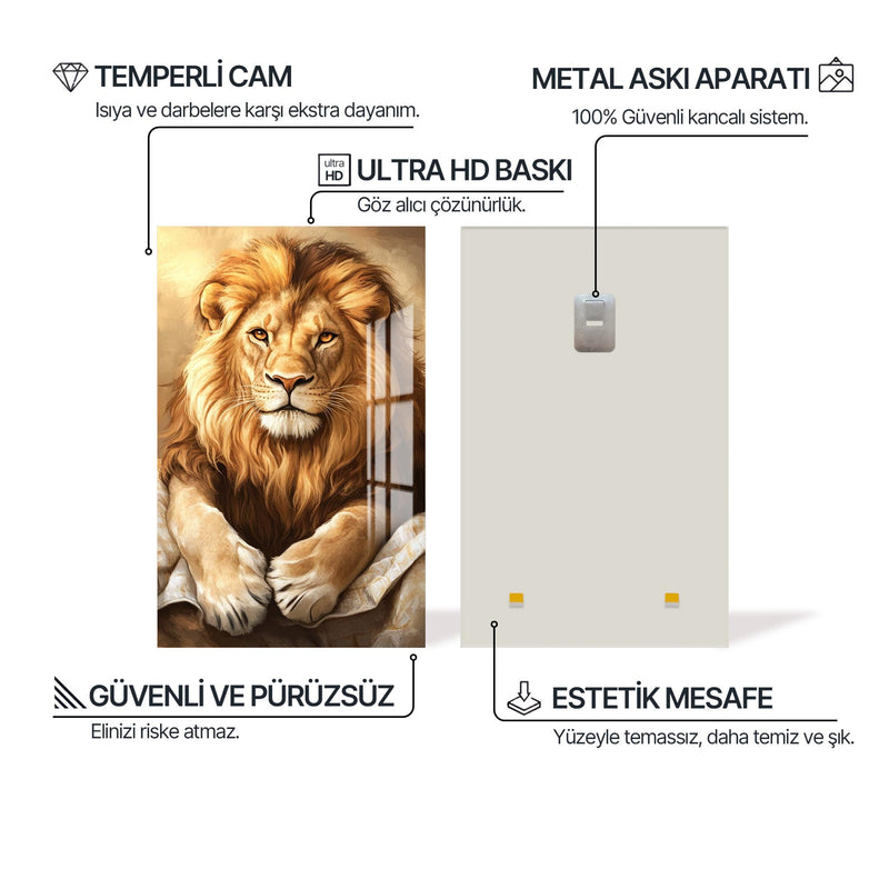 Altın Yeleli Aslan Cam Tablo – Cam Tablo