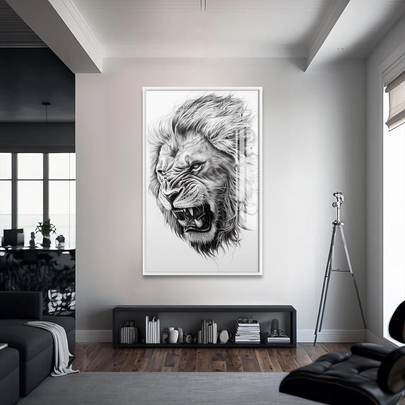 Kızgın Aslan Cam Tablo – Beyaz Çerçeveli Cam Tablo