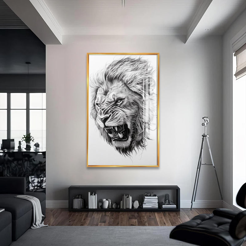 Kızgın Aslan Cam Tablo – Altın Çerçeveli Cam Tablo