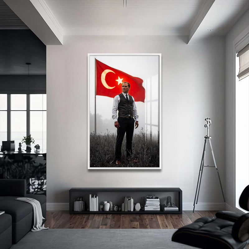 Atatürk Türk Bayraklı Cam Tablo – Beyaz Çerçeveli Cam Tablo