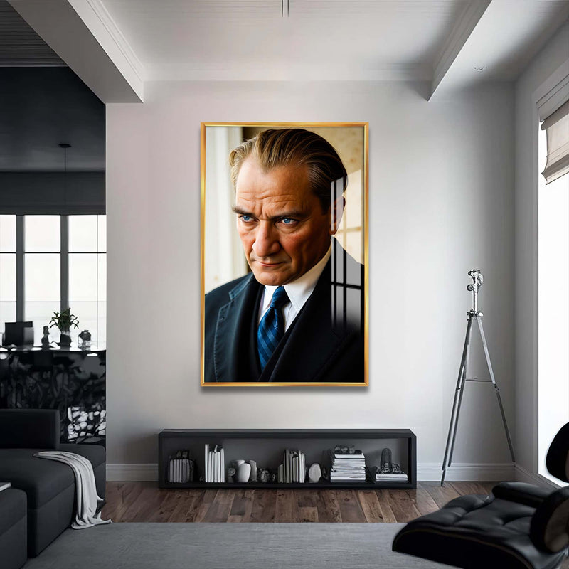 Atatürk Portresi Cam Tablo – Altın Çerçeveli Cam Tablo
