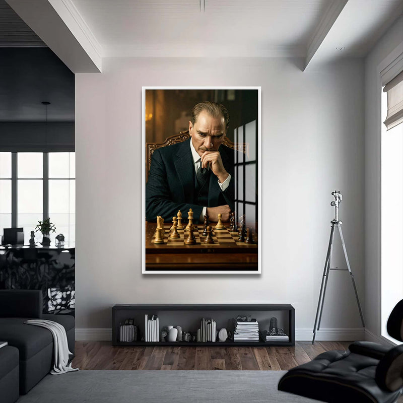 Atatürk Satranç Cam Tablo – Beyaz Çerçeveli Cam Tablo