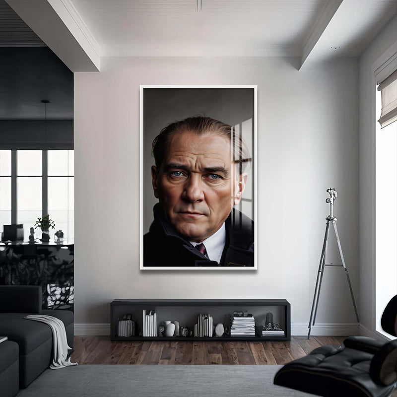 Atatürk Portre Cam Tablo – Beyaz Çerçeveli Cam Tablo