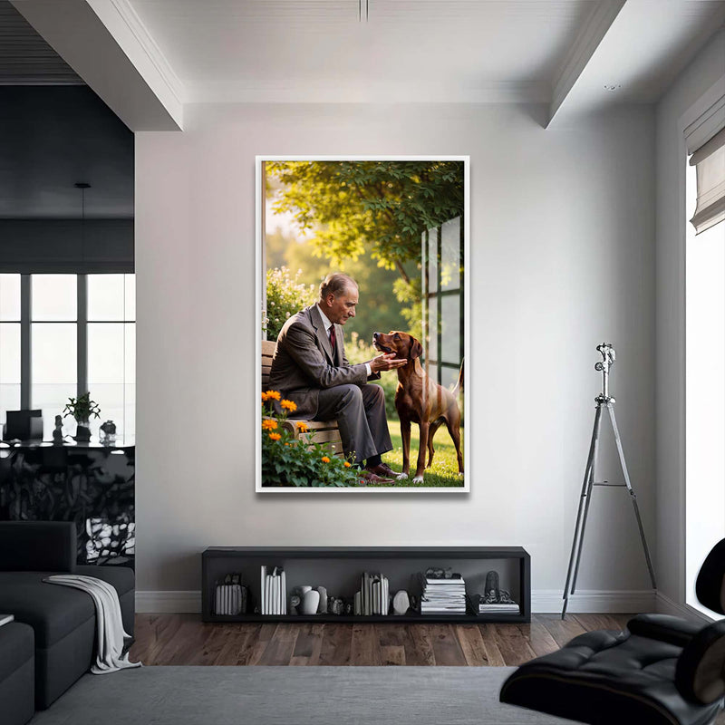 Atatürk Köpek Sevgisi Cam Tablo – Beyaz Çerçeveli Cam Tablo