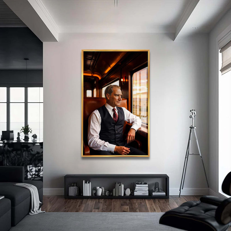 Atatürk Tren Cam Tablo – Altın Çerçeveli Cam Tablo