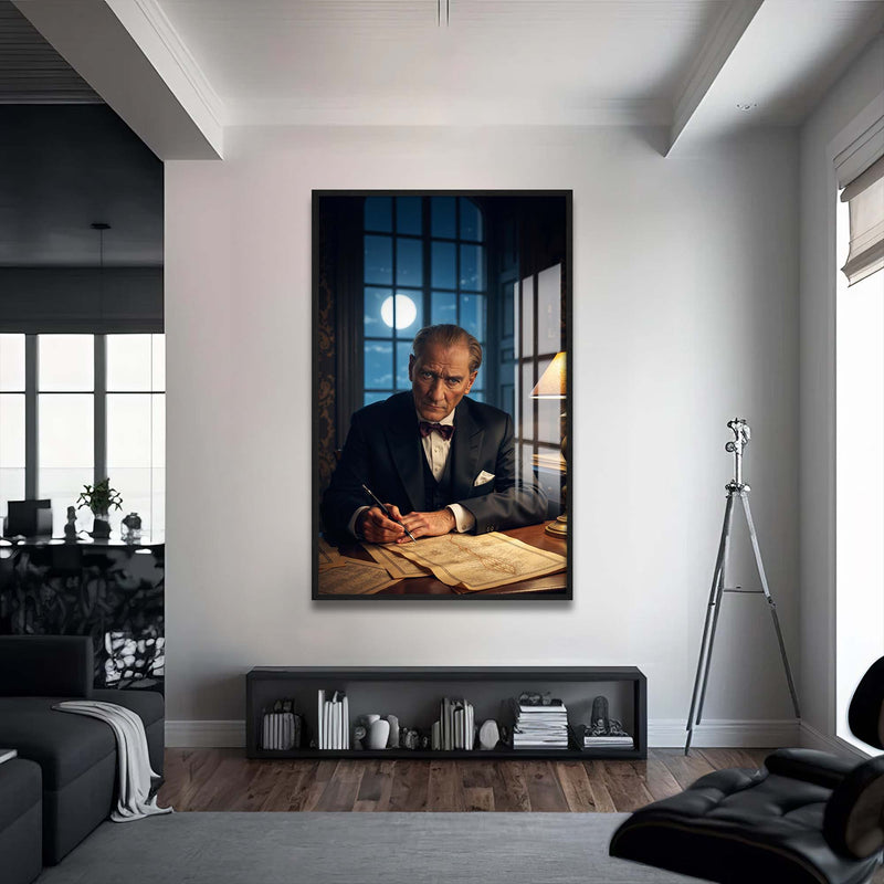 Atatürk Gece Cam Tablo – Siyah Çerçeveli Cam Tablo