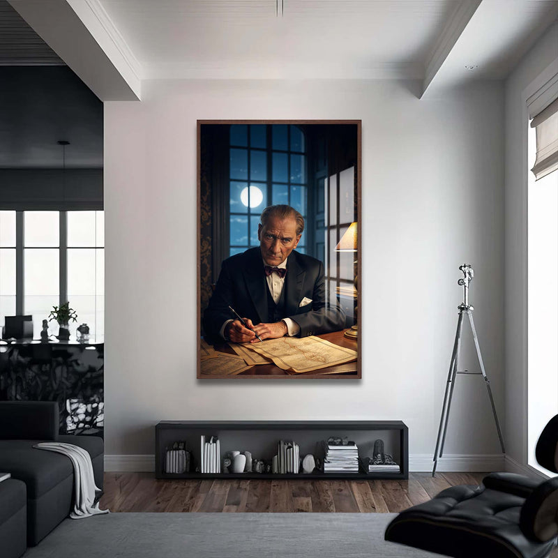 Atatürk Gece Cam Tablo – Ceviz Çerçeveli Cam Tablo