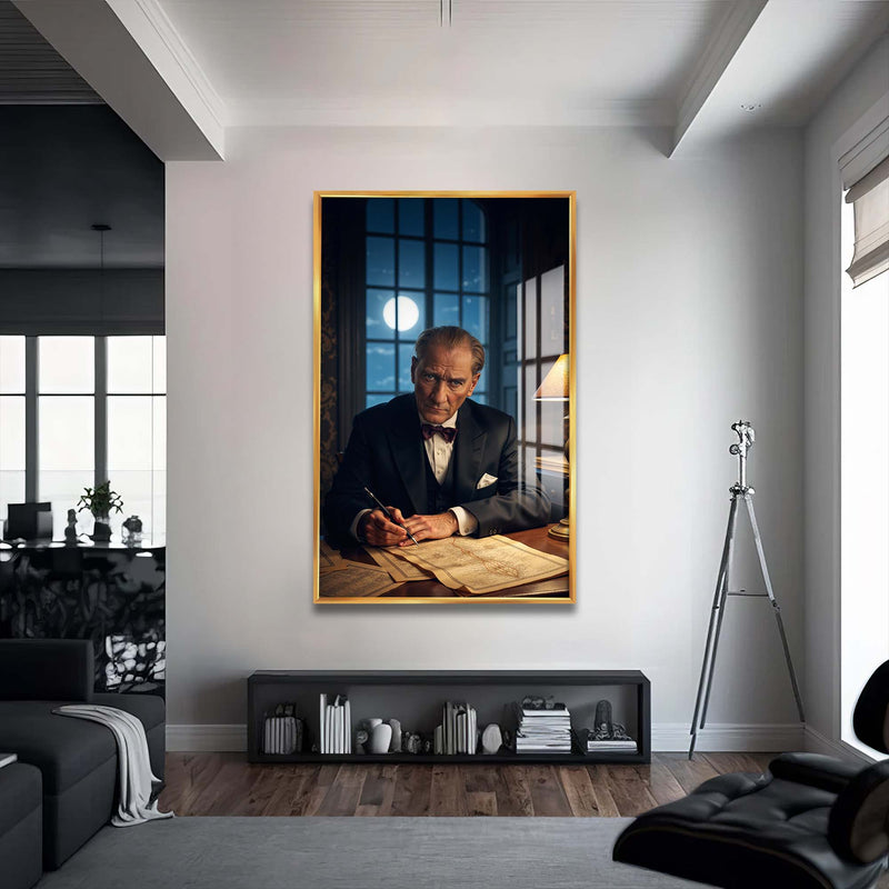 Atatürk Gece Cam Tablo – Altın Çerçeveli Cam Tablo