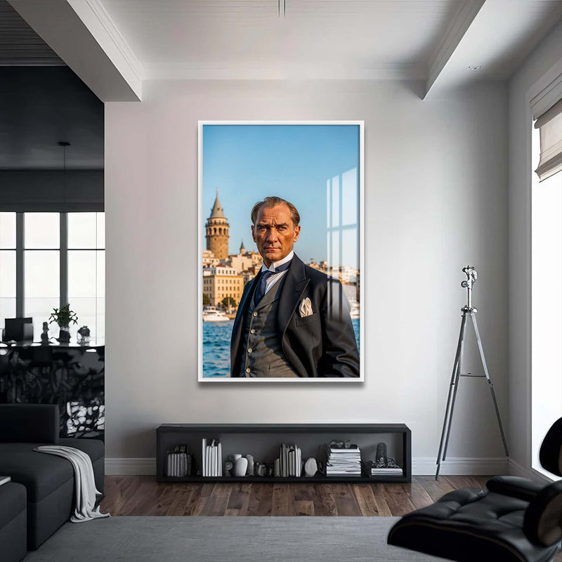 Atatürk Galata Kulesi Cam Tablo – Beyaz Çerçeveli Cam Tablo