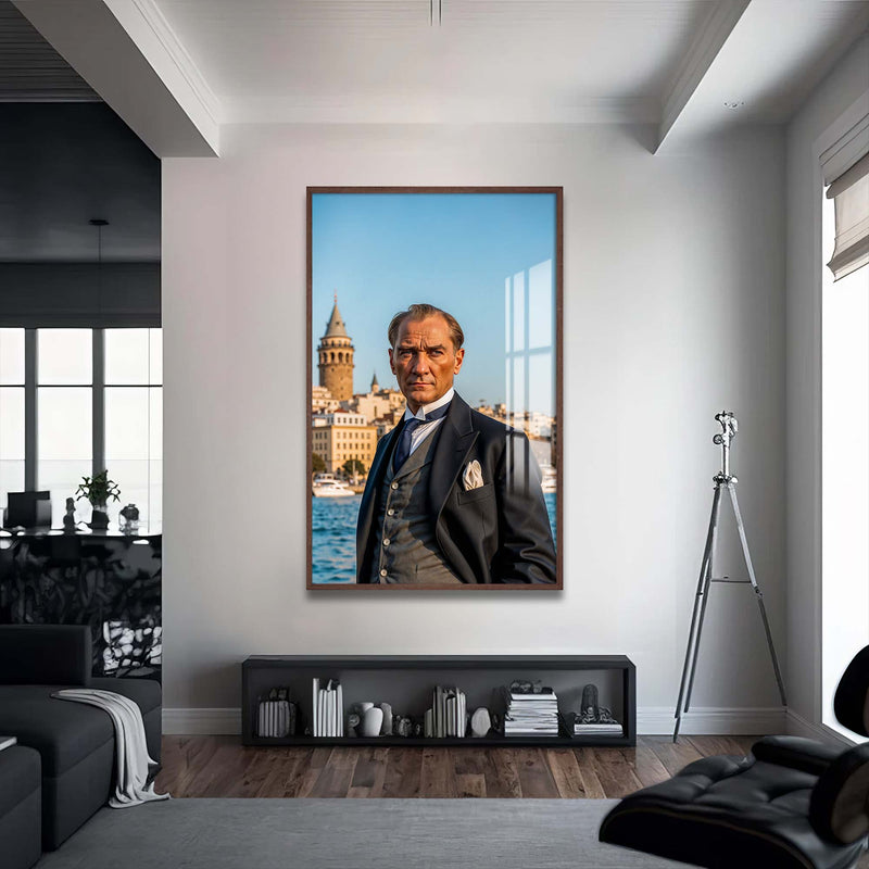 Atatürk Galata Kulesi Cam Tablo – Ceviz Çerçeveli Cam Tablo