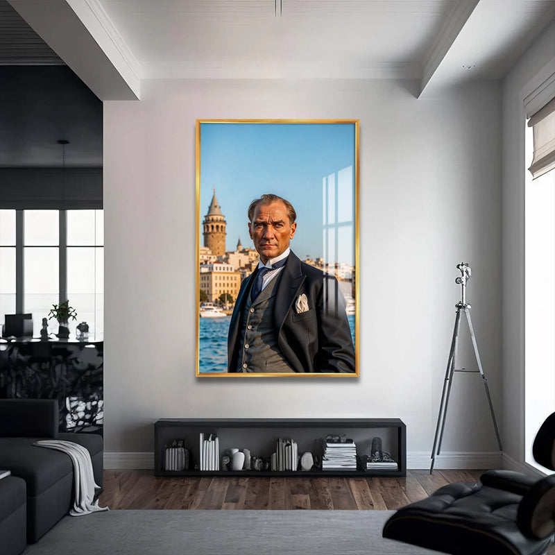 Atatürk Galata Kulesi Cam Tablo – Altın Çerçeveli Cam Tablo