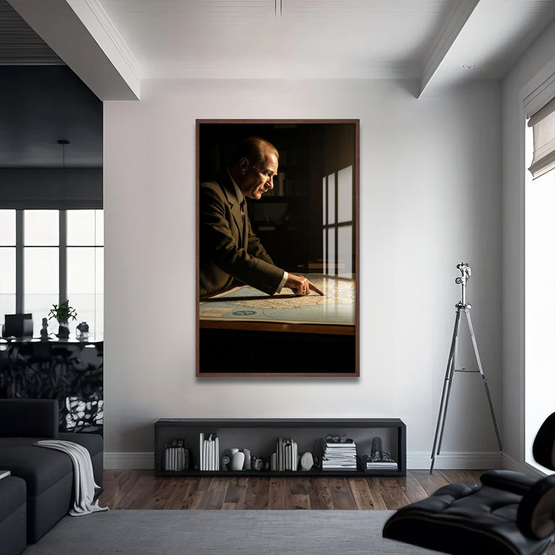 Atatürk Harita Cam Tablo – Ceviz Çerçeveli Cam Tablo