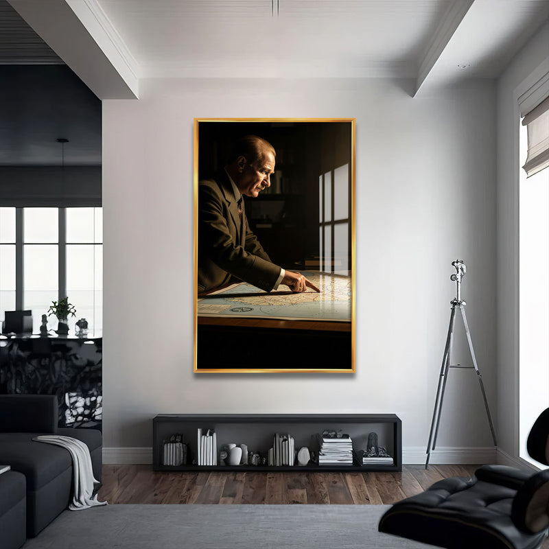 Atatürk Harita Cam Tablo – Altın Çerçeveli Cam Tablo