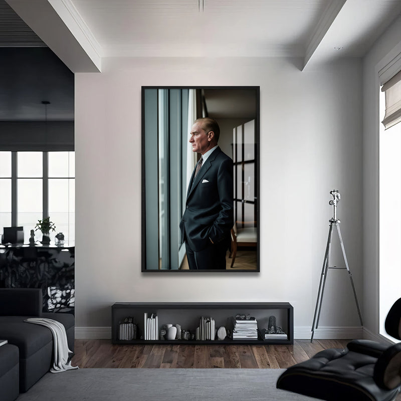 Atatürk Pencerede Cam Tablo – Siyah Çerçeveli Cam Tablo