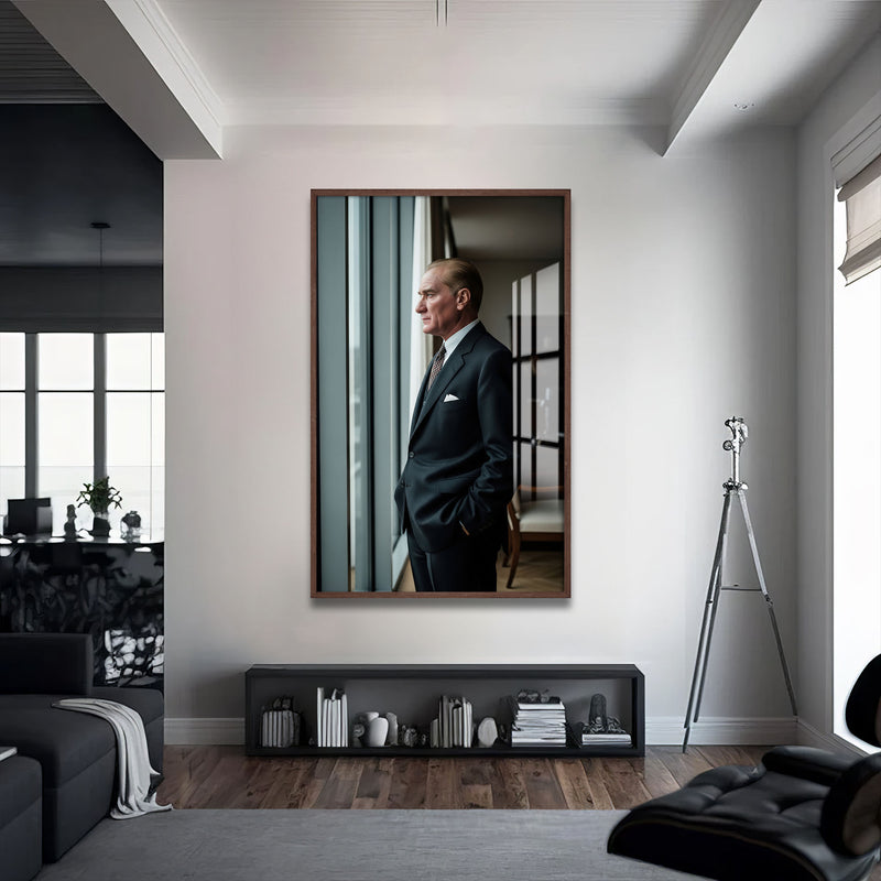 Atatürk Pencerede Cam Tablo – Ceviz Çerçeveli Cam Tablo