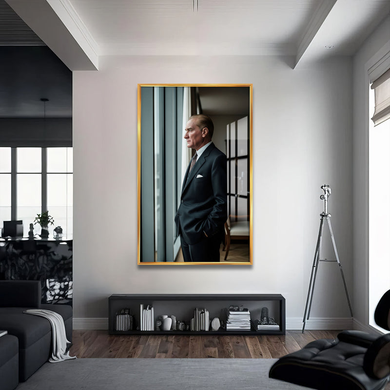 Atatürk Pencerede Cam Tablo – Altın Çerçeveli Cam Tablo