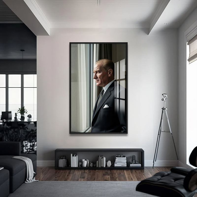 Atatürk Pencerede Cam Tablo – Siyah Çerçeveli Cam Tablo