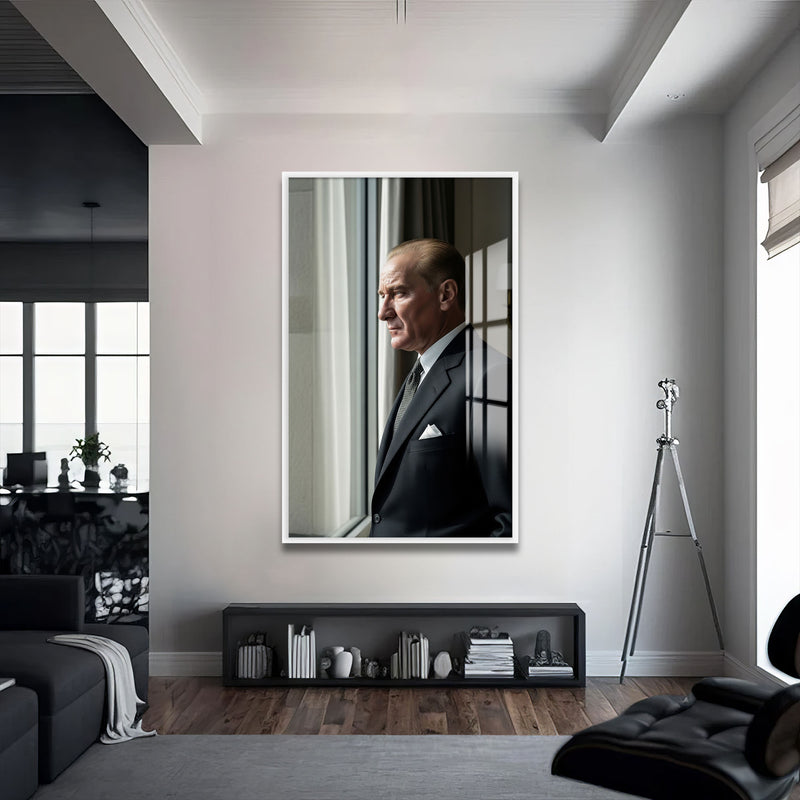 Atatürk Pencerede Cam Tablo – Beyaz Çerçeveli Cam Tablo