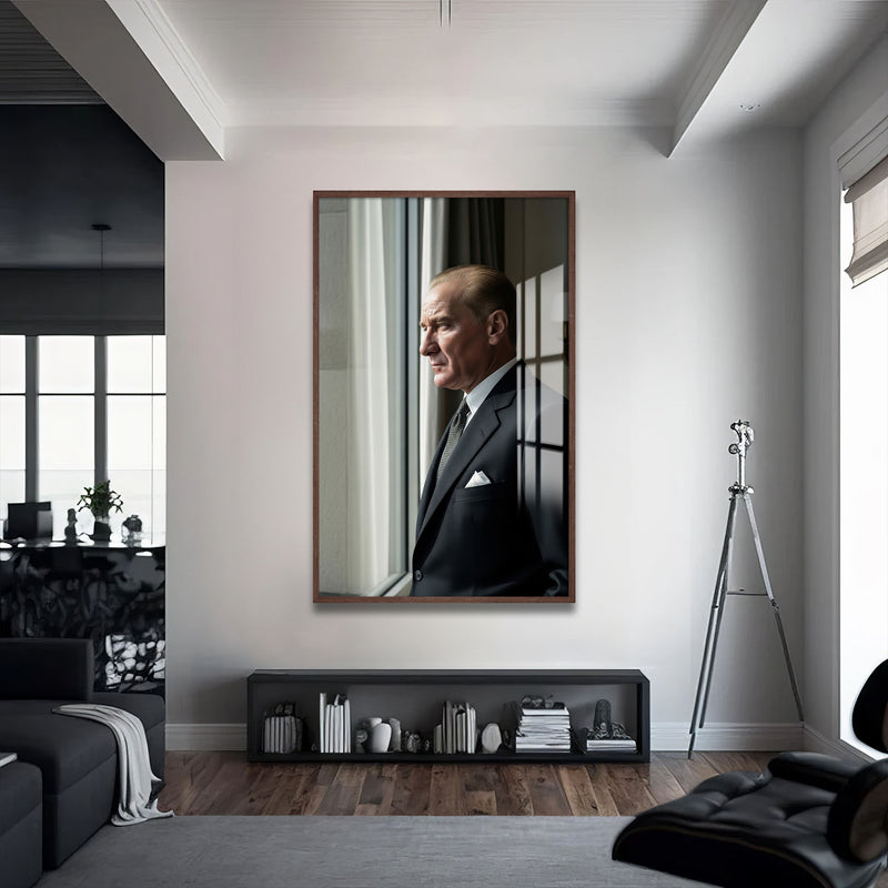 Atatürk Pencerede Cam Tablo – Ceviz Çerçeveli Cam Tablo