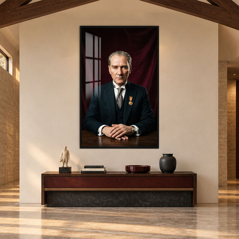 Bordo Fonda Atatürk Cam Tablo – Siyah Çerçeveli