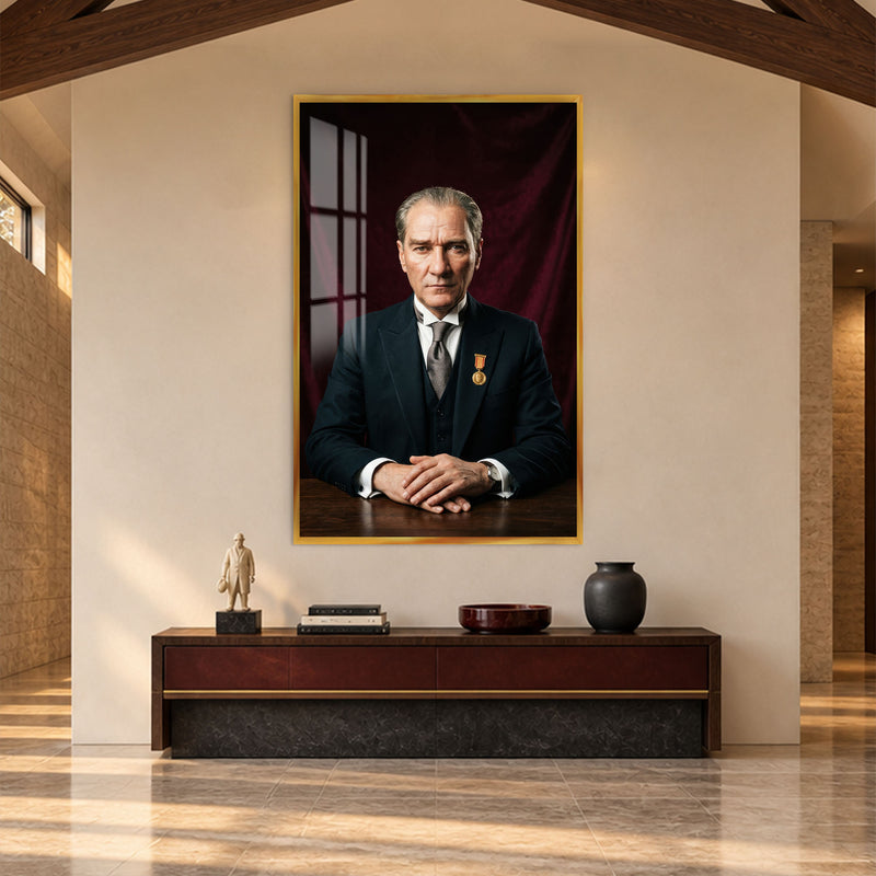 Bordo Fonda Atatürk Cam Tablo – Altın Çerçeveli