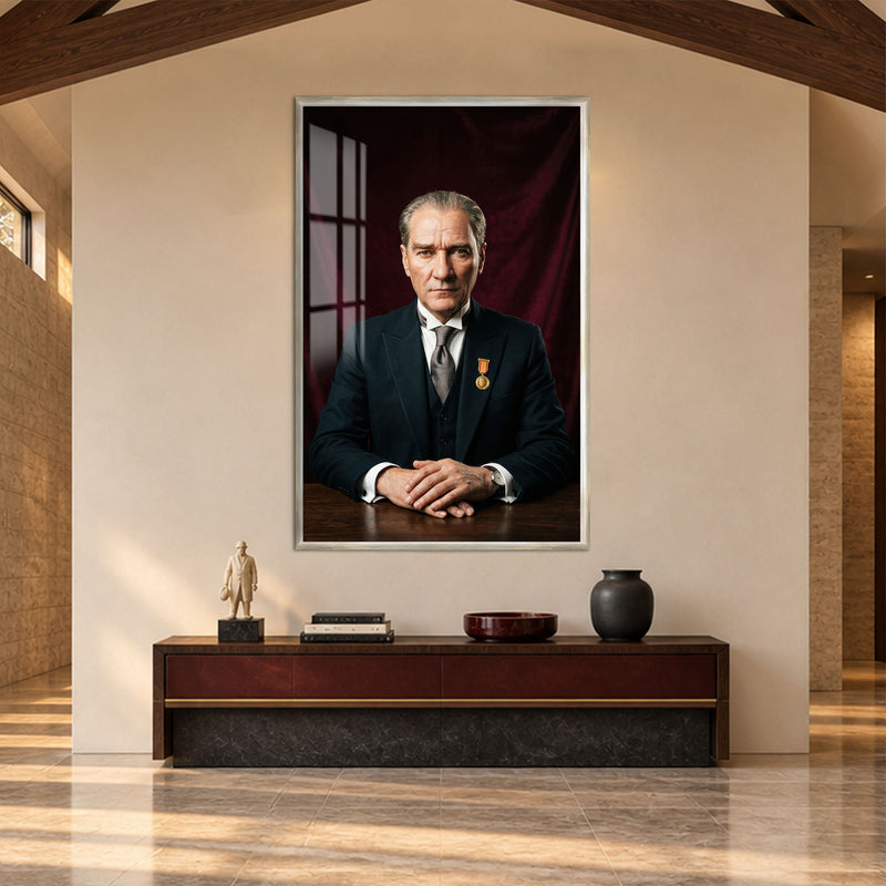 Bordo Fonda Atatürk Cam Tablo – Gümüş Çerçeveli