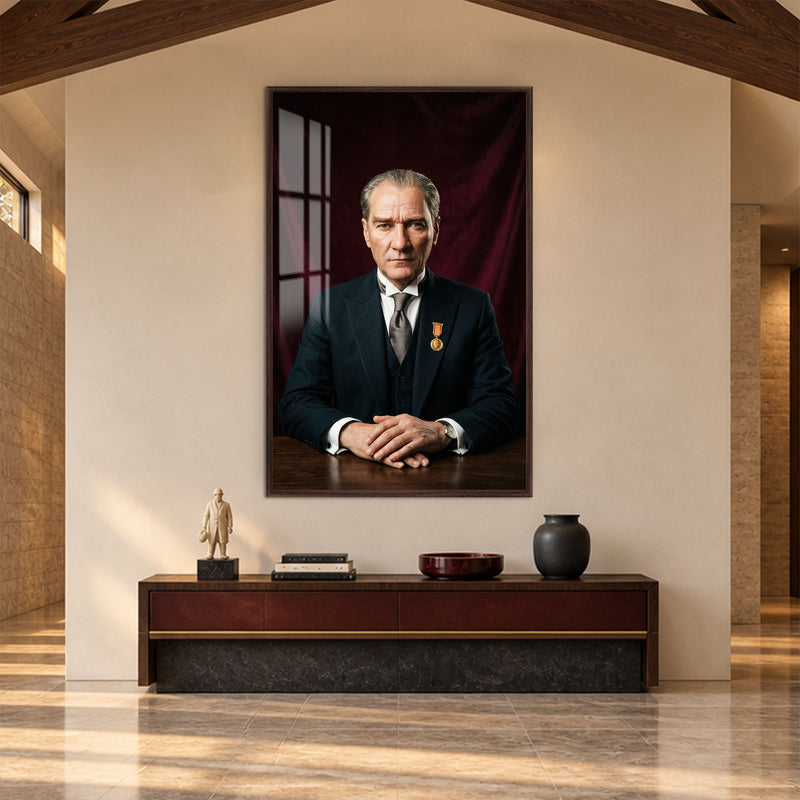 Bordo Fonda Atatürk Cam Tablo – Ceviz Çerçeveli