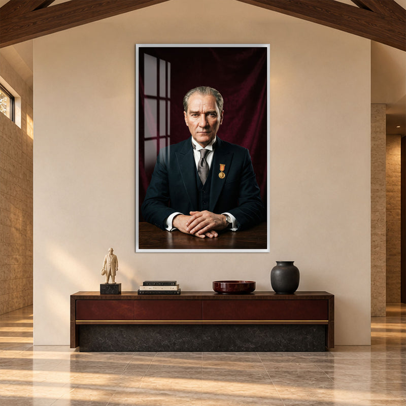 Bordo Fonda Atatürk Cam Tablo – Beyaz Çerçeveli