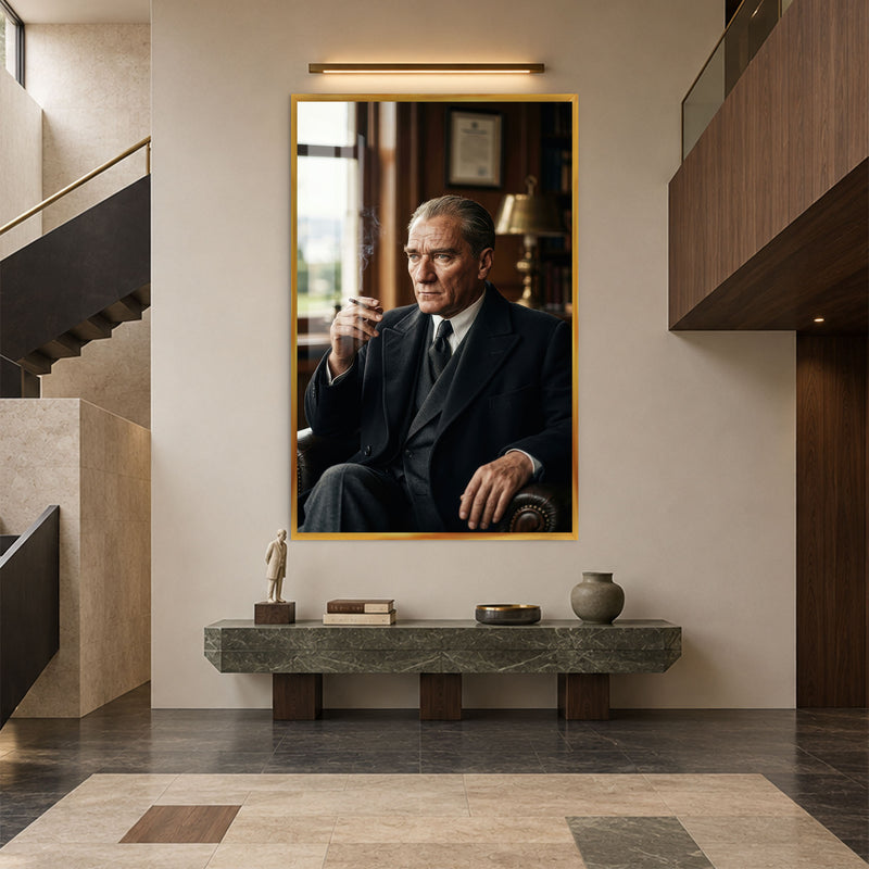 Çalışma Odasında Atatürk Cam Tablo – Altın Çerçeveli