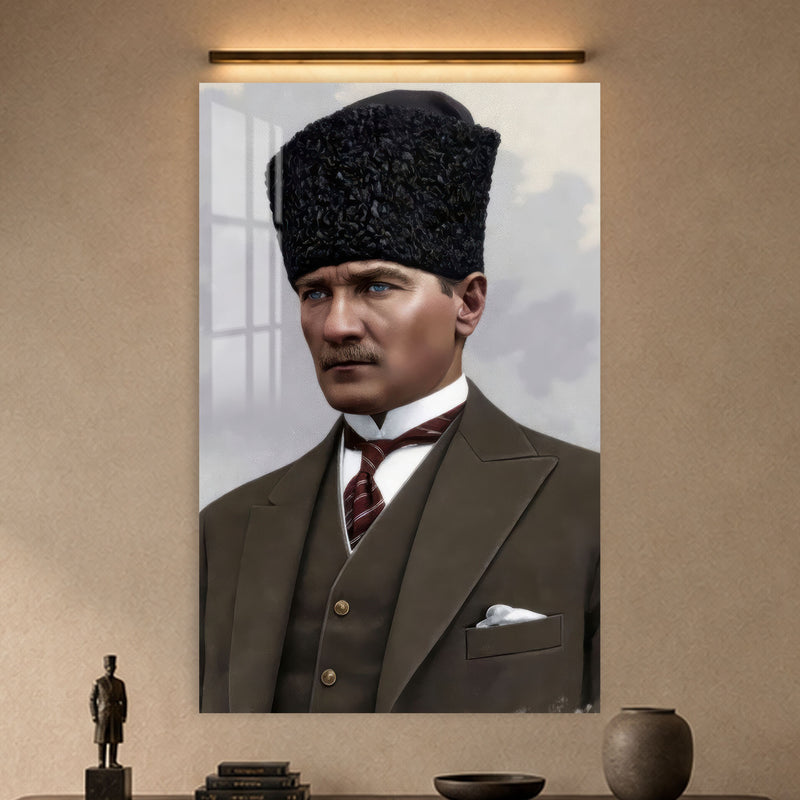 Kalpaklı Takımlı Atatürk Cam Tablo