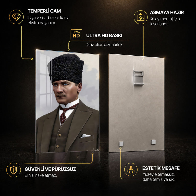 Kalpaklı Takımlı Atatürk Cam Tablo