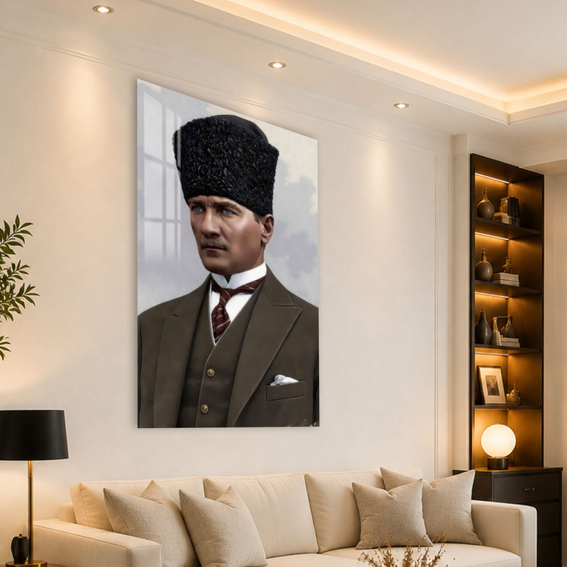 Kalpaklı Takımlı Atatürk Cam Tablo