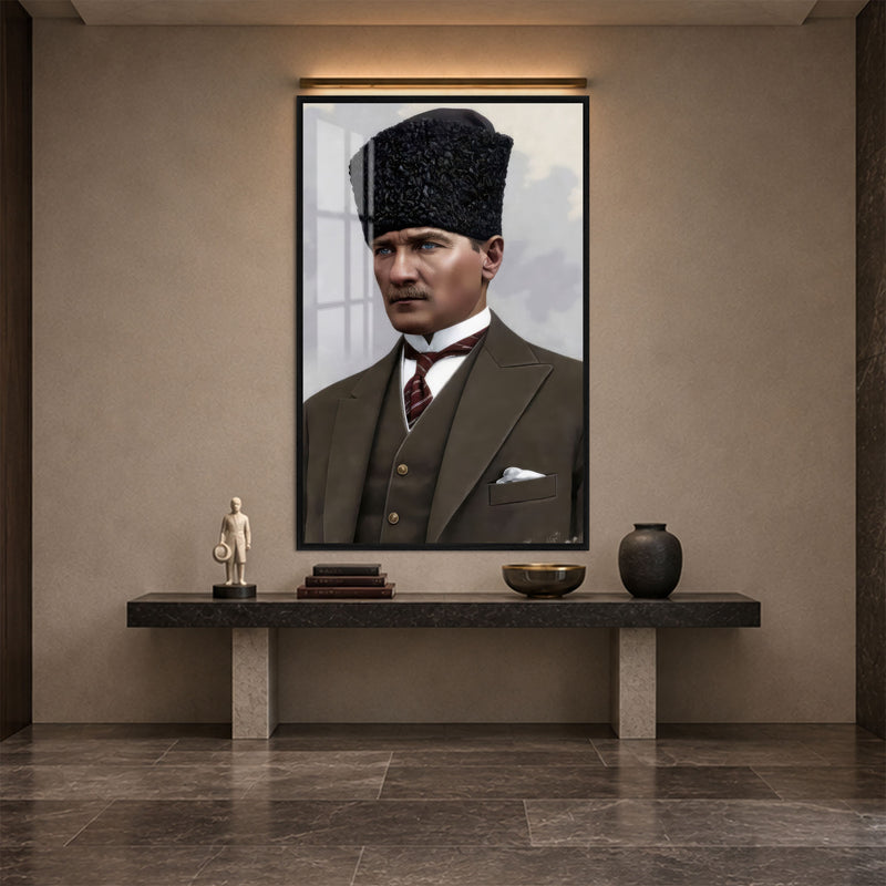 Kalpaklı Takımlı Atatürk Cam Tablo – Siyah Çerçeveli
