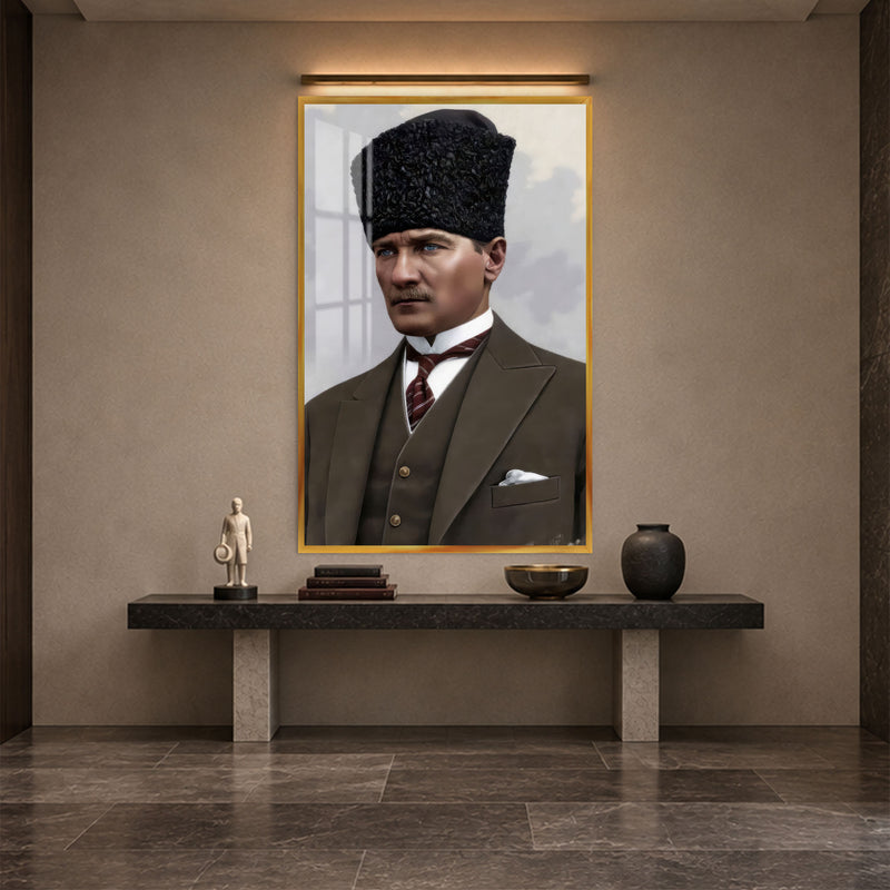 Kalpaklı Takımlı Atatürk Cam Tablo – Altın Çerçeveli