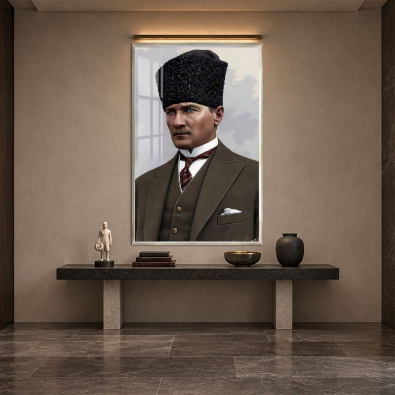 Kalpaklı Takımlı Atatürk Cam Tablo – Gümüş Çerçeveli
