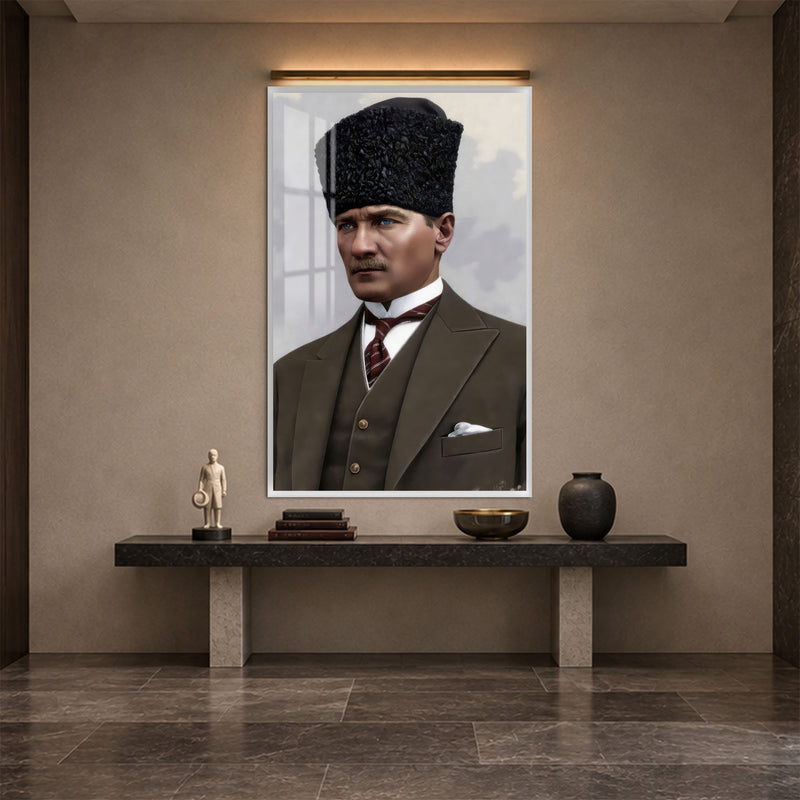 Kalpaklı Takımlı Atatürk Cam Tablo – Beyaz Çerçeveli