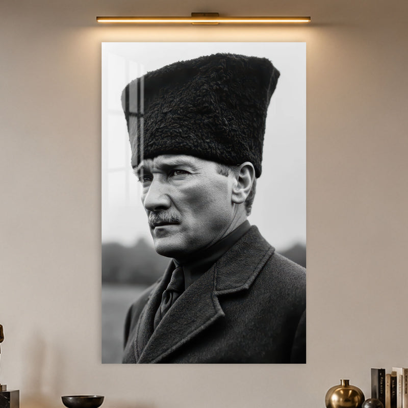 Siyah Beyaz Kalpaklı Atatürk Cam Tablo