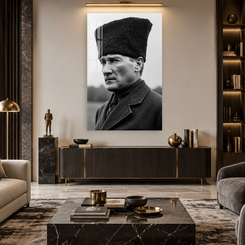 Siyah Beyaz Kalpaklı Atatürk Cam Tablo