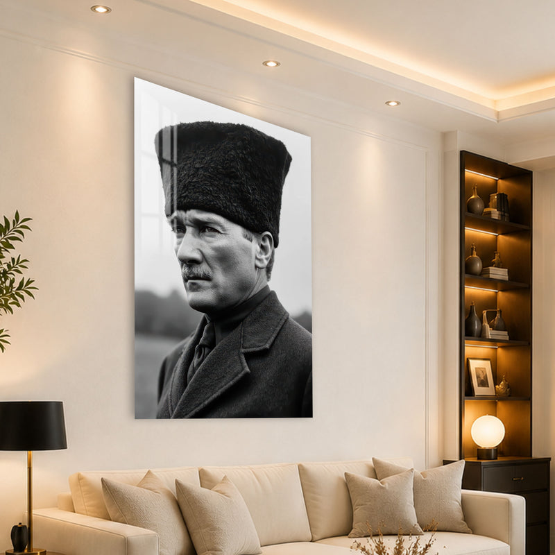 Siyah Beyaz Kalpaklı Atatürk Cam Tablo