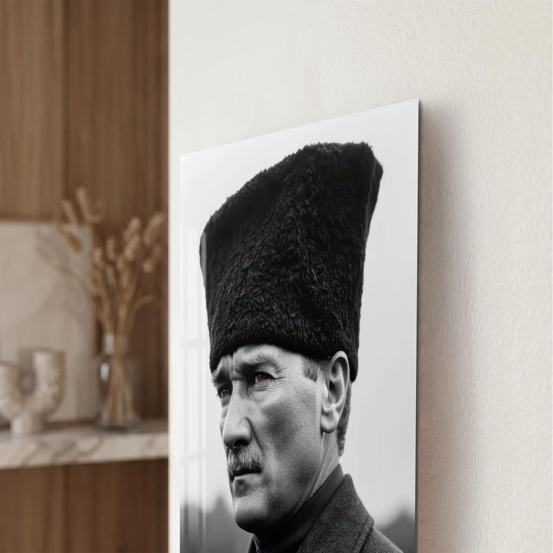 Siyah Beyaz Kalpaklı Atatürk Cam Tablo