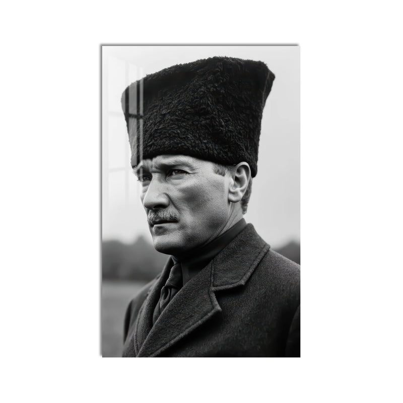 Siyah Beyaz Kalpaklı Atatürk Cam Tablo