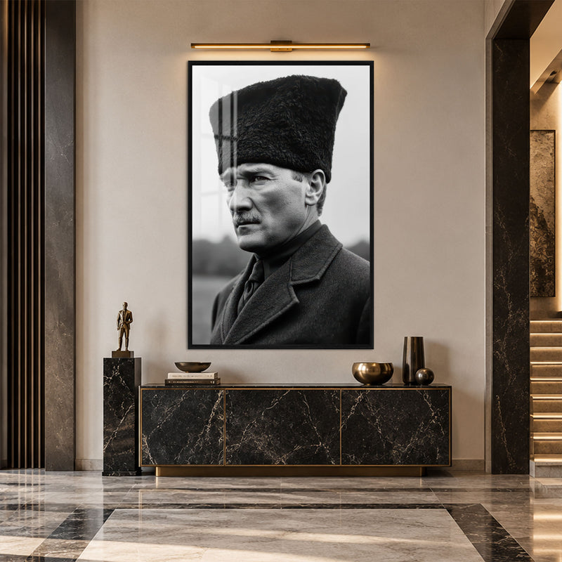 Siyah Beyaz Kalpaklı Atatürk Cam Tablo – Siyah Çerçeveli