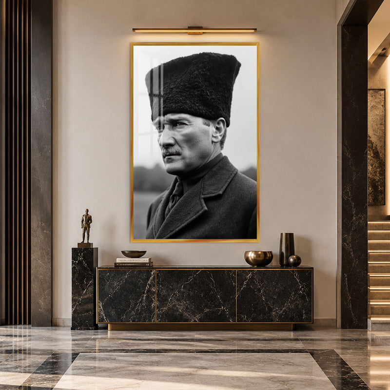 Siyah Beyaz Kalpaklı Atatürk Cam Tablo – Altın Çerçeveli
