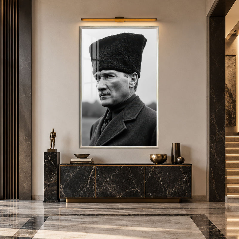 Siyah Beyaz Kalpaklı Atatürk Cam Tablo – Gümüş Çerçeveli