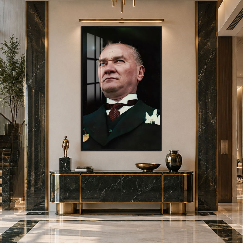 Gururlu Bakışlı Atatürk Cam Tablo – Siyah Çerçeveli