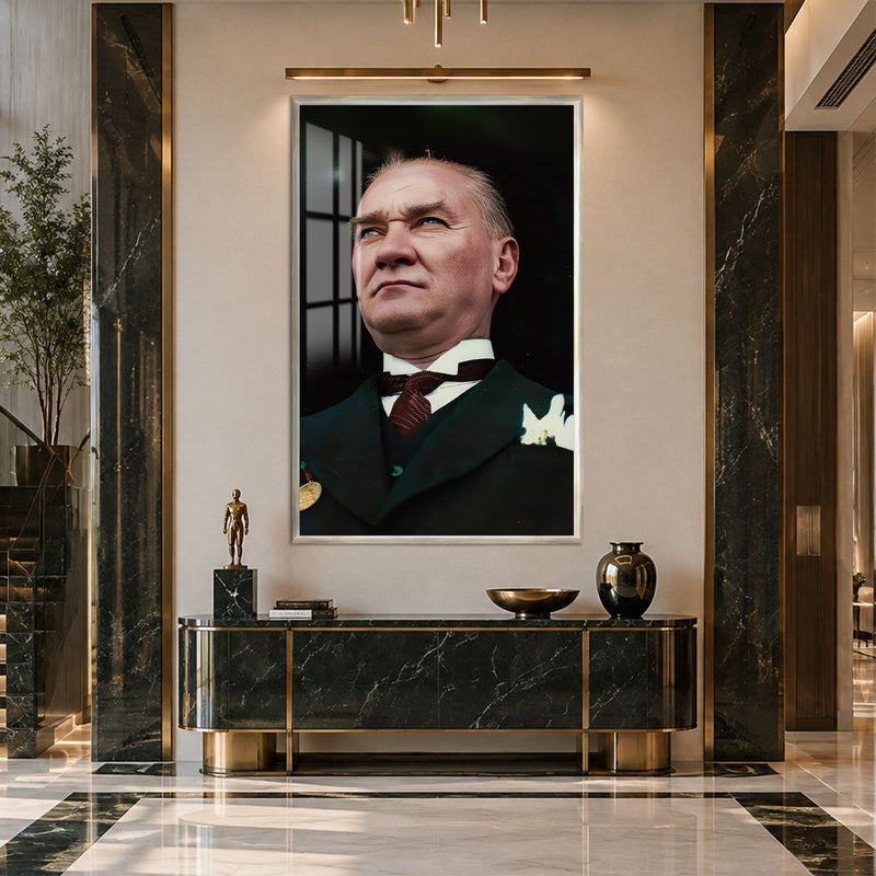 Gururlu Bakışlı Atatürk Cam Tablo – Gümüş Çerçeveli